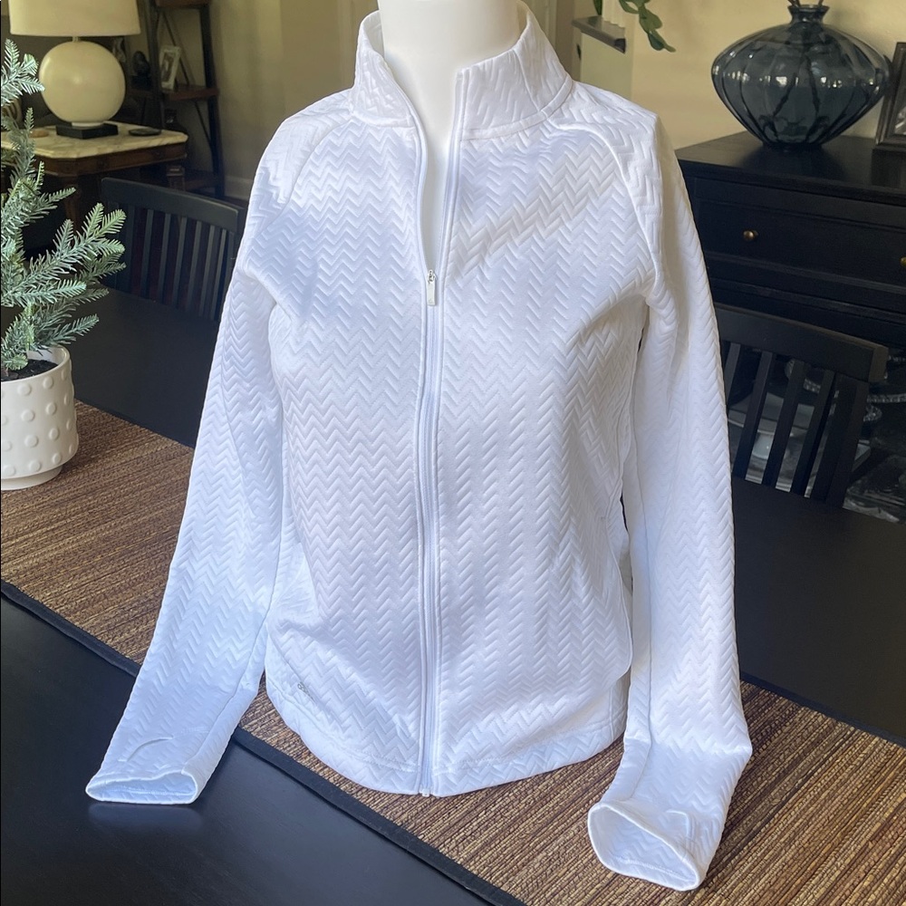 Adidas White Zippered Jacket with pockets and thumb holes long sleeves